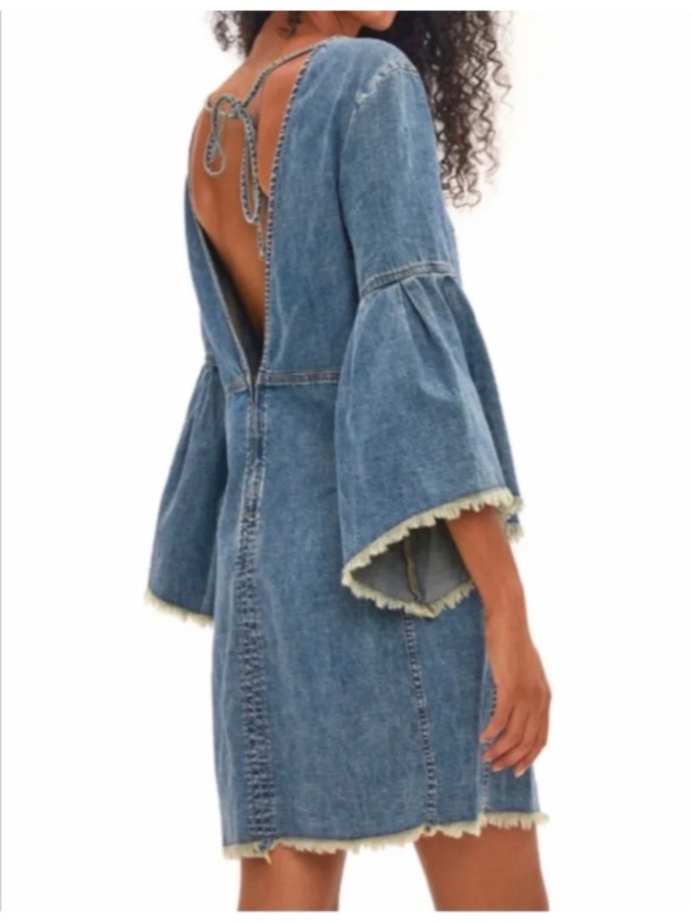 Free People Denim Fringed Raw Hem Flare Backless Dress - Picture 1 of 16